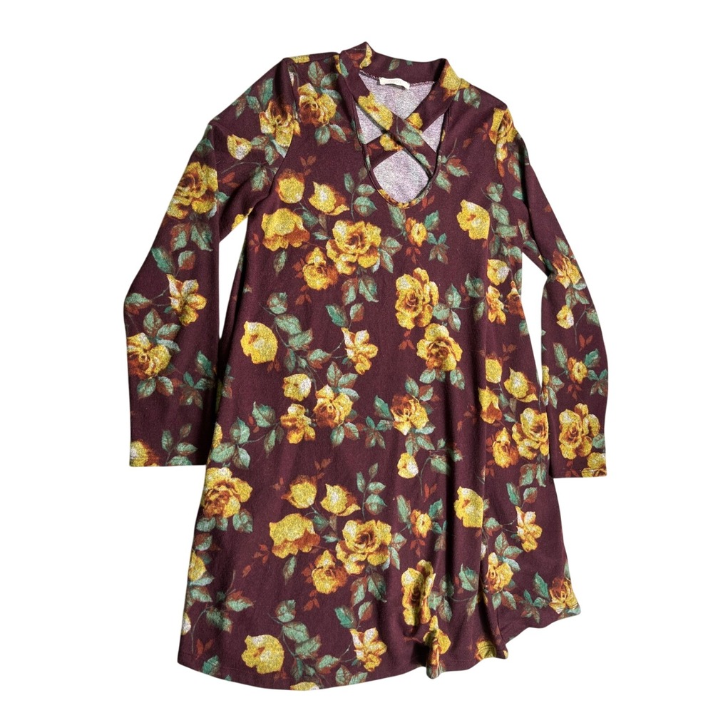 Oddi Floral Sweater Dress Large Burgundy Mustard Criss Cross Neck Long Sleeve